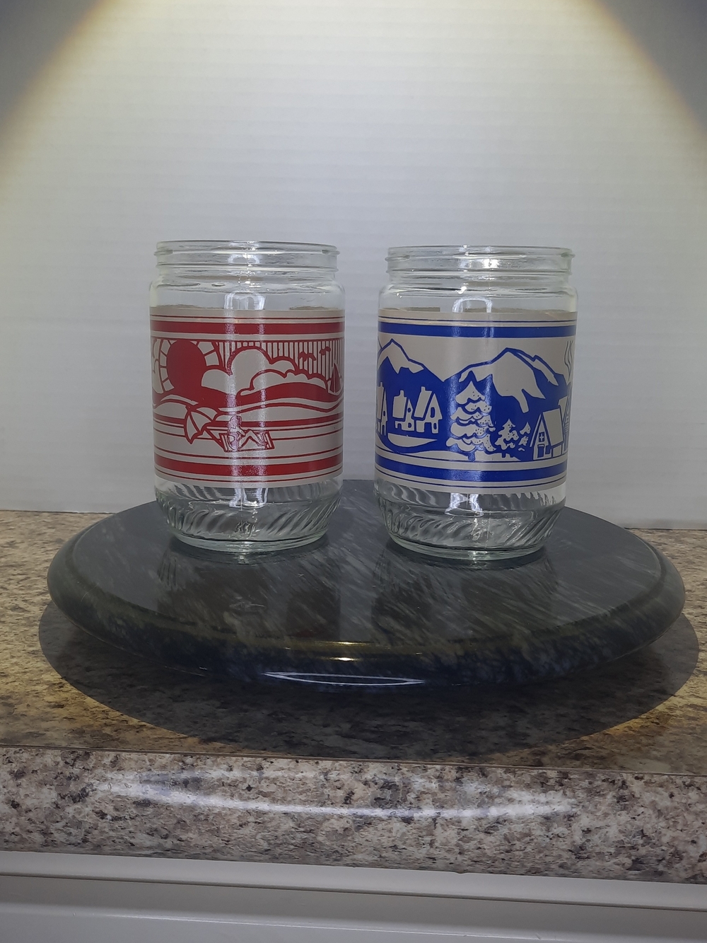 Set of 2 Vintage Anchor Hocking Glass Jars with Scenic Prints